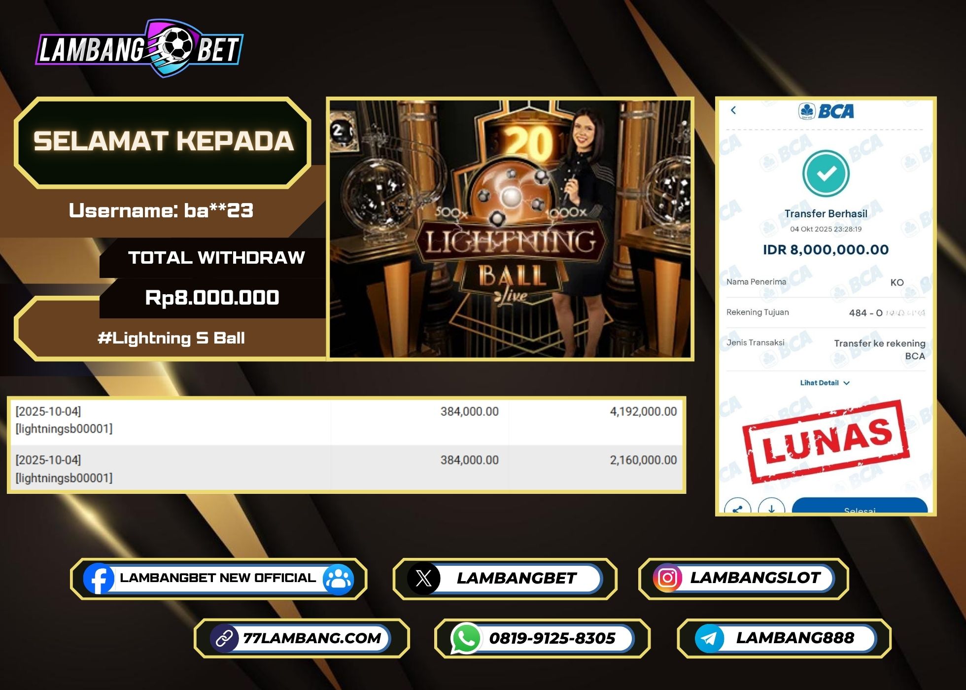 LAMBANGBET [4 OKTOBER 2025] JACKPOT LIVE CASINO Lightning S Ball "Rp8.000.000" LUNAS